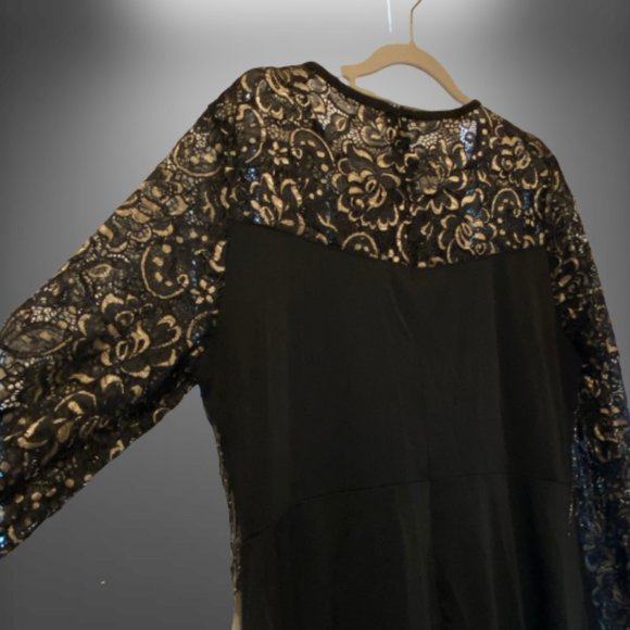 Shein Long Black Dress with Sweetheart Fringe and Gold/Black Lace Sleeves - Picture 5 of 6